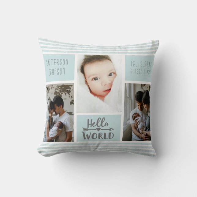 Blue Stripe Photo Collage Baby Boy Birth Stats Cushion (Front)