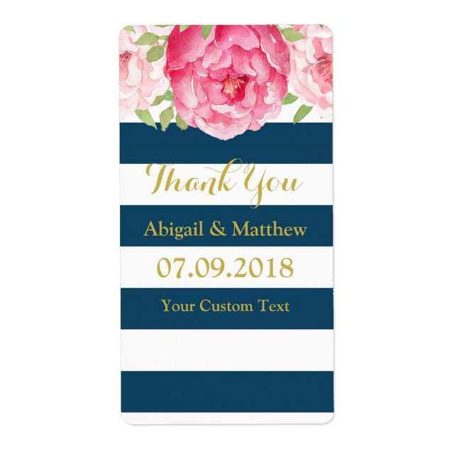 Blue Stripe Pink Watercolor Floral Wedding Labels (Front)