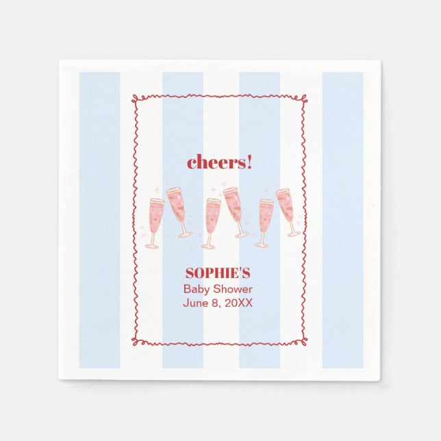 Blue Stripe Red Border Brunch & Bubbly Baby Shower Napkin (Front)