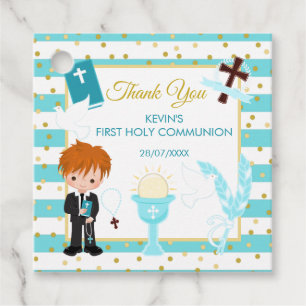 Blue Stripe Red Hair Boy First Holy Communion Favour Tags