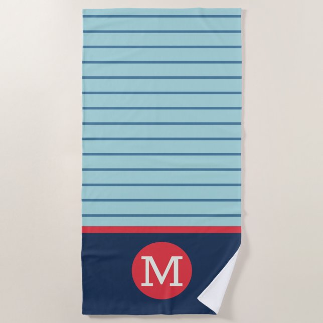 Blue Stripe  Red White Monogram Masculine Beach Towel (Front)