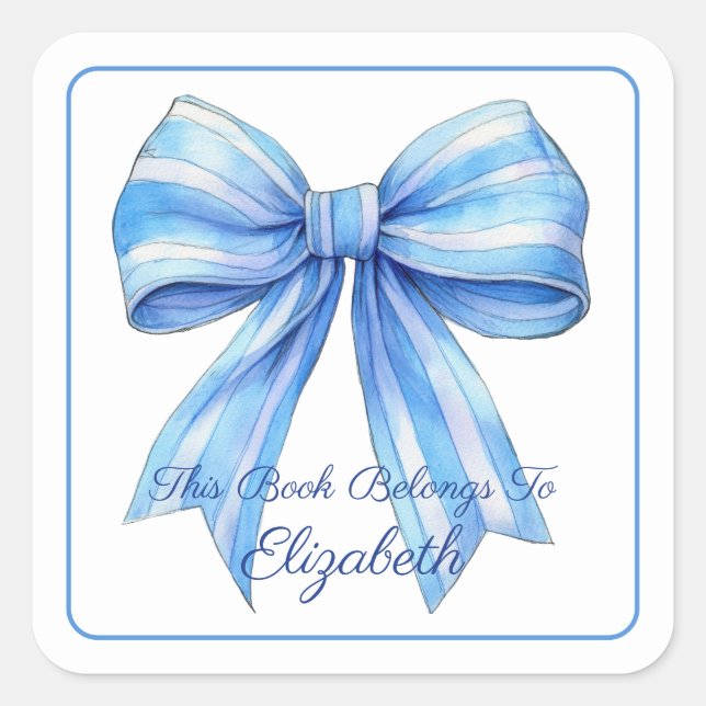 Blue Stripe Watercolor Bow Personalised Bookplate Square Sticker (Front)