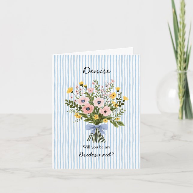 Blue Stripe + Wedding Bouquet Bridesmaid  Card (Front)