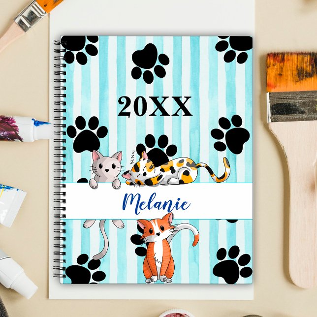 Blue striped background kittens & paws customised planner (Creator Uploaded)