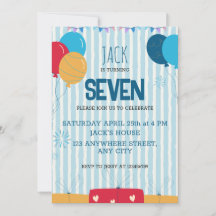 Blue Striped Balloon Kids Birthday Invitation Card