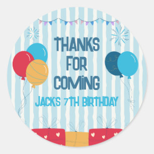 Blue Striped Balloons Boys Birthday Classic Round Sticker