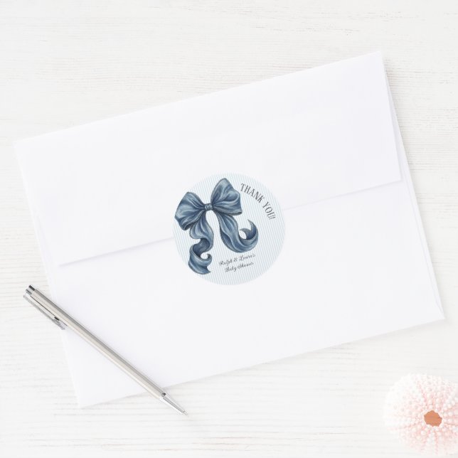 Blue Striped Bow Baby Shower Thank You Classic Round Sticker (Envelope)