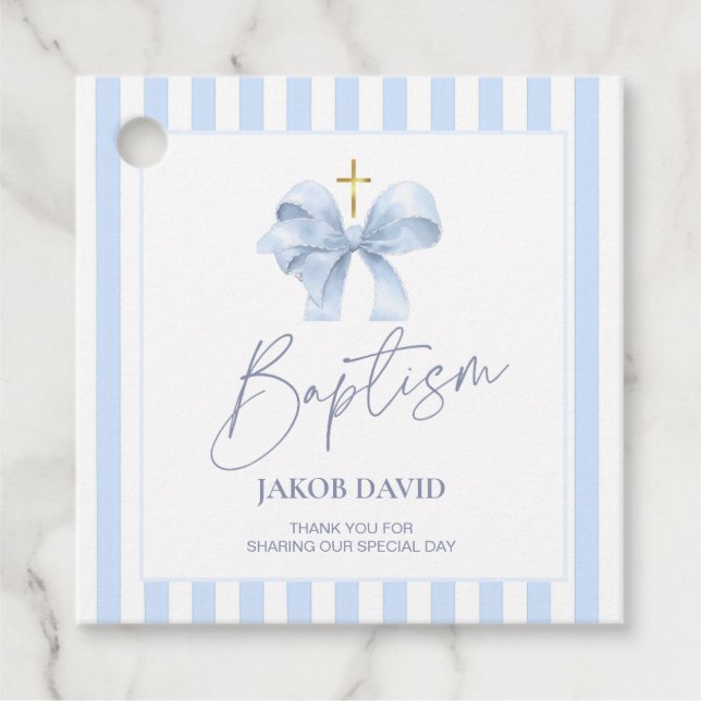 Blue Striped Bow Baptism Thank You Favour Tag (Front)
