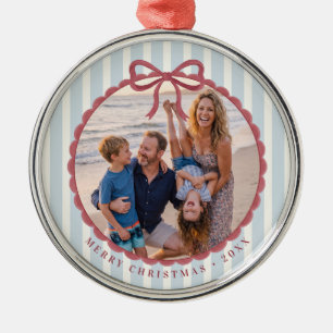 Blue Striped Bow Christmas Photo Metal Tree Decoration