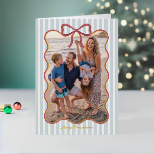Blue Striped Bow Design Merry Christmas Photo Foil Holiday Card