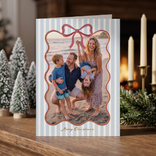 Blue Striped Bow Design Merry Christmas Photo Foil Holiday Card