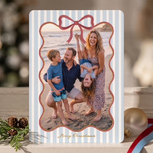 Blue Striped Bow Frame Merry Christmas Photo