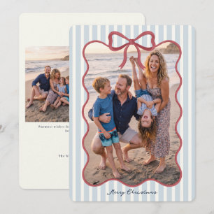 Blue Striped Bow Merry Christmas Photo Holiday Card