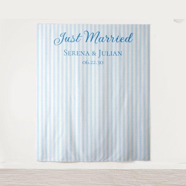 Blue Striped Coastal Just Married Wedding Backdrop Tapestry (Front)