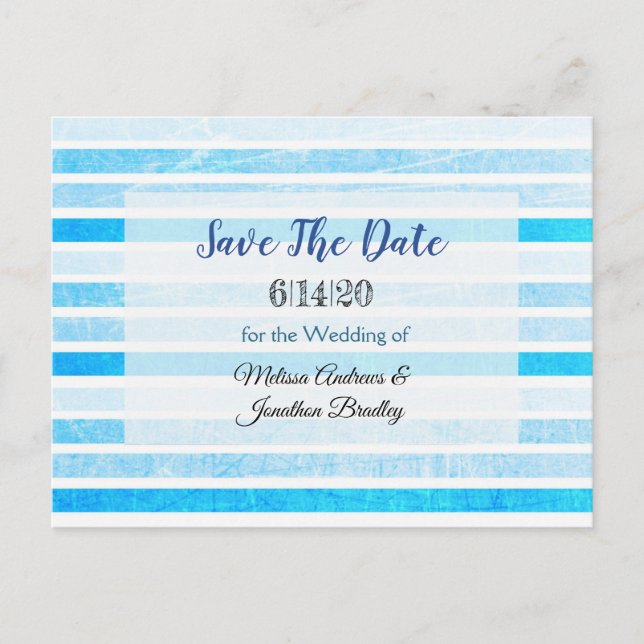 Blue Striped Crackle Save the Date Postcard (Front)