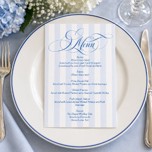 Blue Striped Elegant Script Wedding Menu Invitation