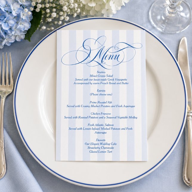 Blue Striped Elegant Script Wedding Menu Invitation (Creator Uploaded)