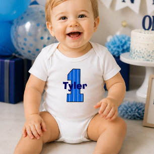 Blue Striped First Birthday Boy  Baby Bodysuit