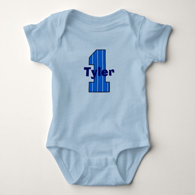 Blue Striped First Birthday Boy Shirt (Front)