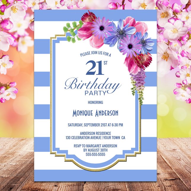Blue Striped Floral 21st Birthday Party Invitation (Creator Uploaded)