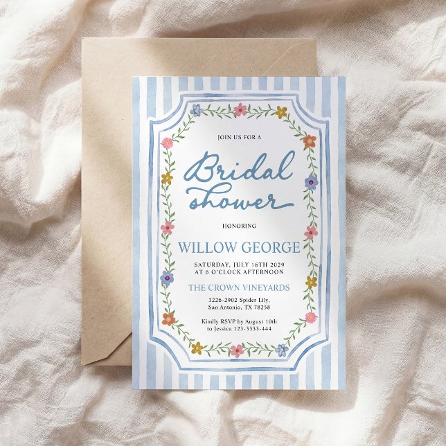 Blue Striped Floral Bridal Shower Invitation (Creator Uploaded)