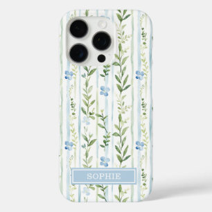Blue Striped Floral Personalised iPhone 16 Pro Case