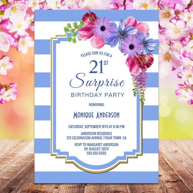 Blue Striped Floral Surprise 21st Birthday Party Invitation (Creator Uploaded)
