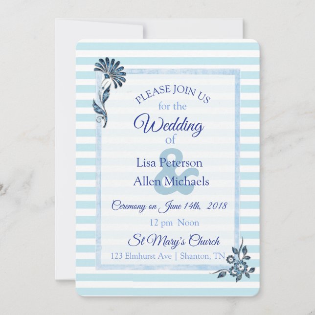 Blue Striped Floral Wedding Invitation (Front)
