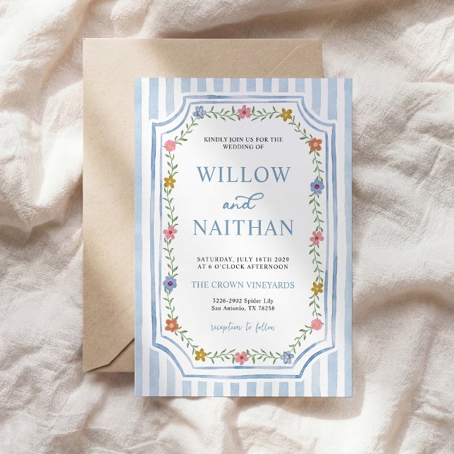 Blue Striped Floral Wedding Invitation (Creator Uploaded)