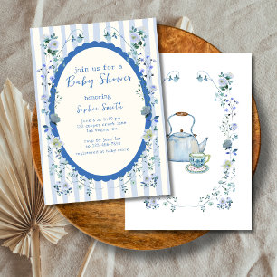 Blue Striped Garden Whimsical Wreath Baby Shower Invitation