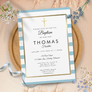 Blue Striped Gold Cross Baptism, Christening Invitation