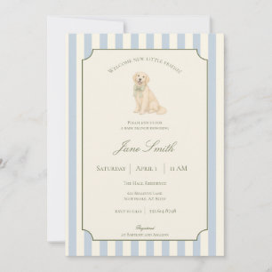 Blue Striped Golden Retriever Baby Shower Invitation