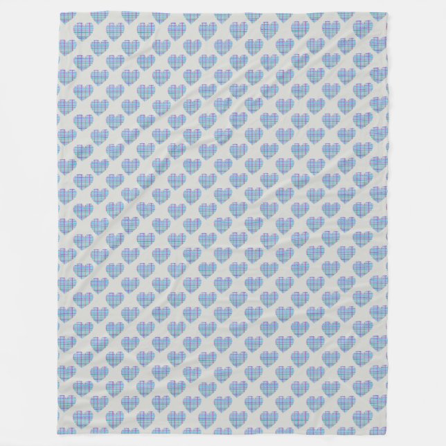 Blue striped hearts on pebble grey fleece blanket (Front)