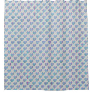 Blue striped hearts on pebble grey shower curtain