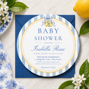 Blue Striped Italian Lemon and Bow Baby Shower Announcement
