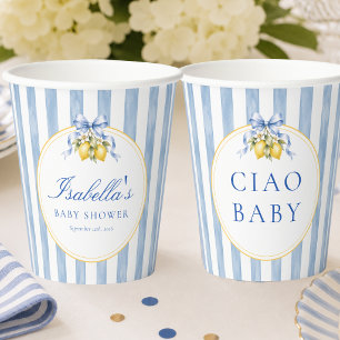 Blue Striped Lemon and Bow Amalfi Baby Shower Paper Cups