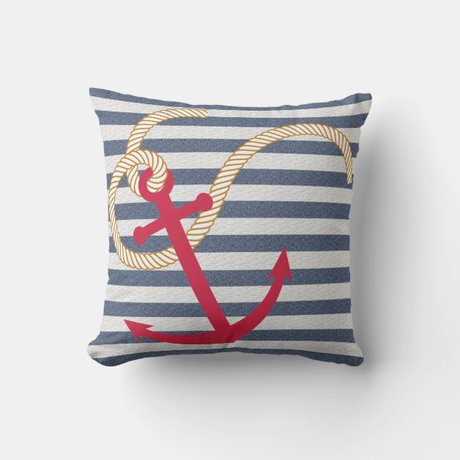 Blue Striped Nautical Pillow with Red Anchor and R (Front)