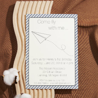 Blue Striped Paper Aeroplane Birthday Invite