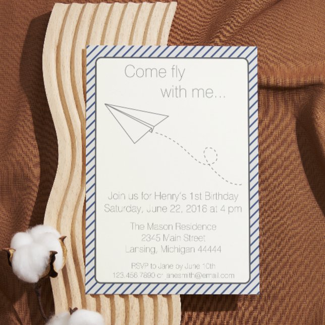 Blue Striped Paper Aeroplane Birthday Invite (Creator Uploaded)