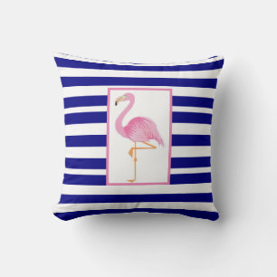 Blue striped pink flamingo throw pillow