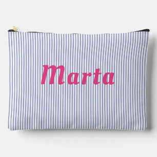 Blue striped, pink letters accessory pouch. accessory pouch