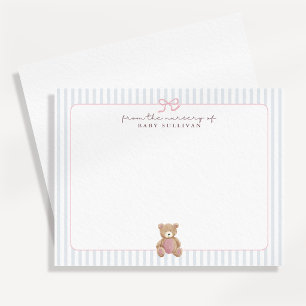 Blue Striped Pink Teddy Bear Nursery Note Card