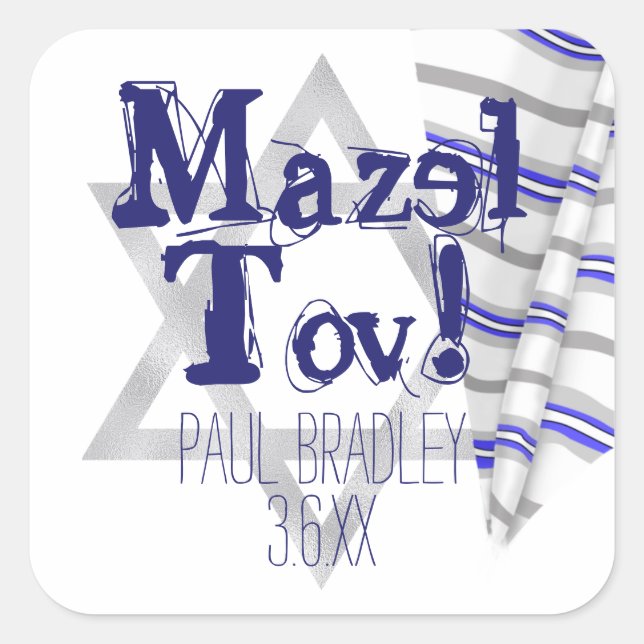 Blue Striped Prayer Shawl Mazel Tov Bar Mitzvah Square Sticker (Front)