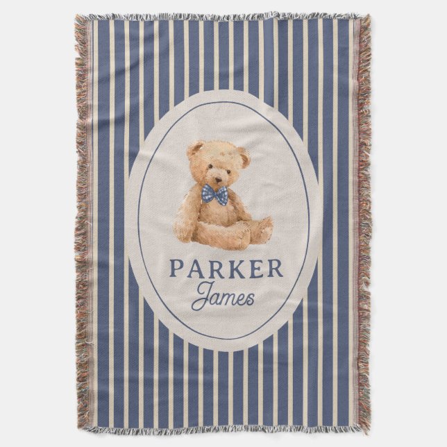 Blue Striped Teddy Bear Bow Tie Classic Nursery Throw Blanket (Front Vertical)