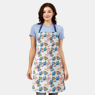 Blue striped tropical fish, coral reef pattern apron