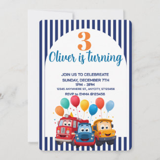 Blue Striped Truck Birthday Theme Invitation