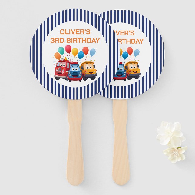 Blue Striped Truck Birthday Theme Set of Fans (Front and Back)