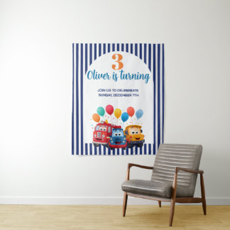 Blue Striped Truck Birthday Theme Tapestry