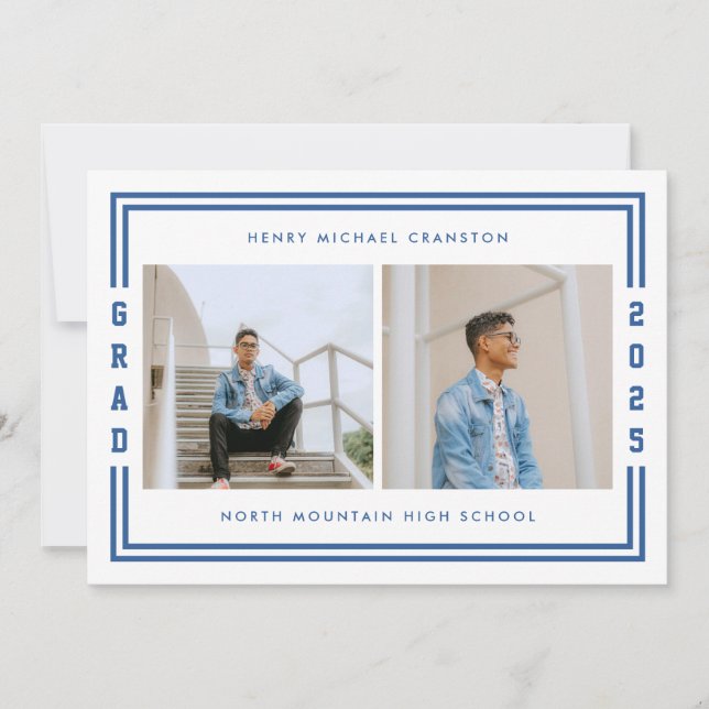Blue Striped Two Photo Graduation Party Announcement (Front)