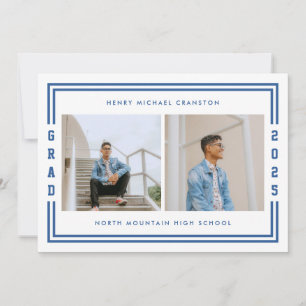 Blue Striped Two Photo Graduation Party Announcement